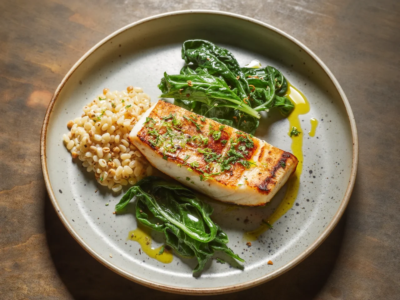 Piatto mediterraneo con pesce alla griglia, verdure al vapore e farro su ceramica