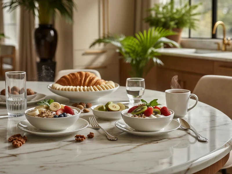 Colazione con yogurt, frutta fresca, avena e noci, acqua e tisana