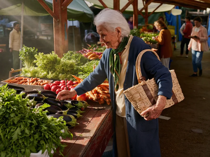 Donna anziana sceglie verdure fresche a una bancarella di mercato all'aperto