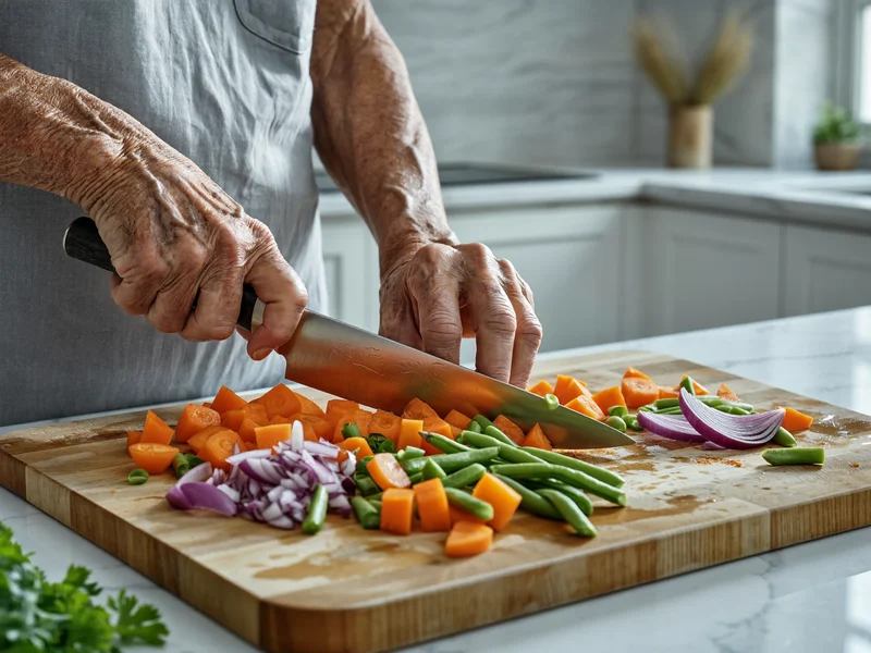 Mani esperte tagliano verdure colorate di stagione su un tagliere di legno