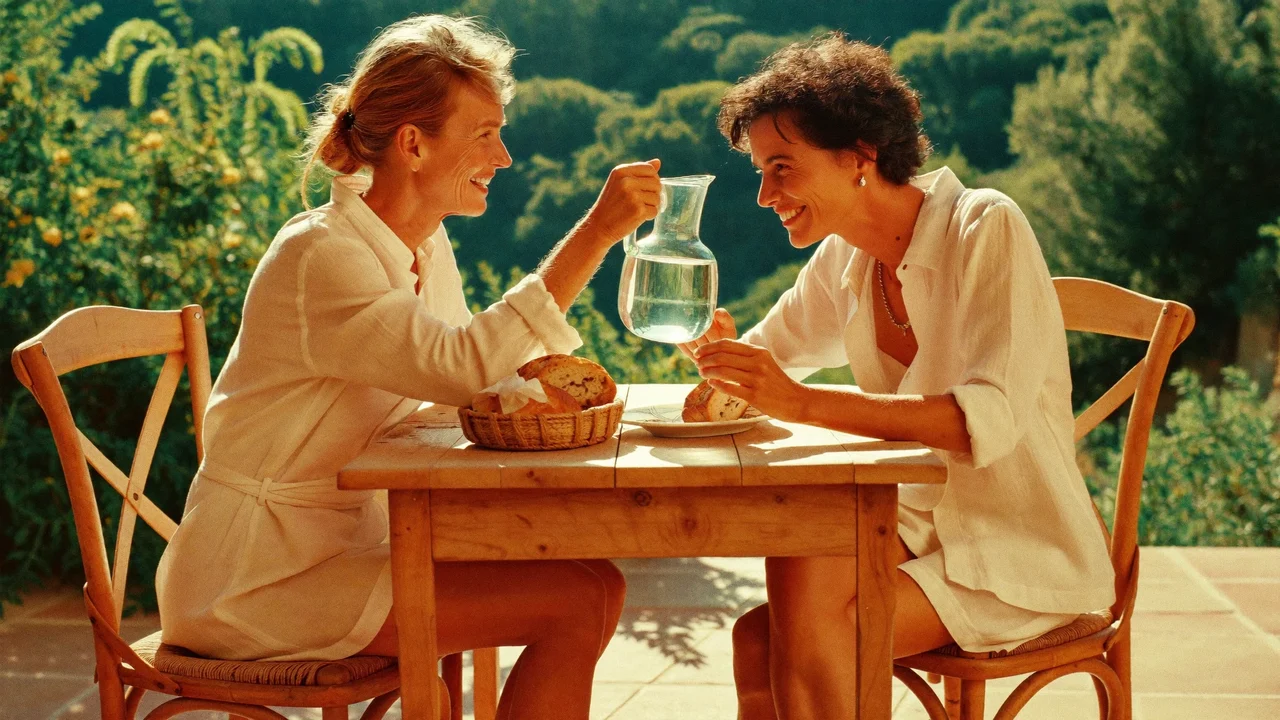 Due amici anziani condividono un pranzo semplice su una terrazza al tramonto